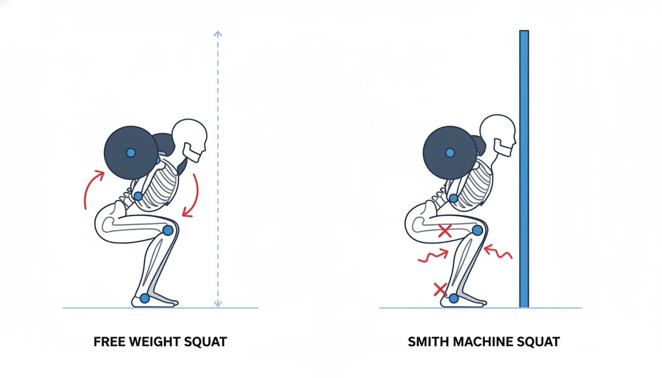 Illustration showing why smith machine squats are harder concept