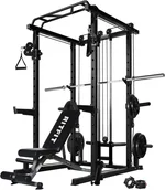 RitFit Multi-Function Garage & Home Gym Package Includes 1000LBS Power Cage PC-410 CC with Cable Crossover System, Weight Bench, Olympic Barbell Weight Set, Full Body Workout -BLK,Rubber Plate 230lbs