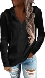 JEsilunmaMY Striped Hoodie for Women Button V Neck Long Sleeve Knit Sweater Tops Solid Color Lightweight Pullover Sweatshirt