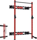 Folding Squat Cage Wall Mounted, 1100 LBS Foldable Squat Power Rack Weight Cage with Pull Up Bar, J-Cups, Landmine and Partable Space Saving Standing for Home Gym Garage Workout