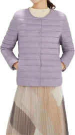 Womens Crewneck Puffer Jacket Long Sleeve Button Down Ultra Light Down Coats Solid Color Slim Fall Winter Outwear (Purple,Medium)
