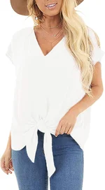 JEsilunmaMY Womens Pocket Tie Front T-Shirts Short Sleeve V Neck Knot Casual Blouses Solid Color Loose Summer Shirt Tops