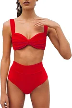 Women's Knot High Waist Bikini Sets Sleeveless Ruched Padded 2 Piece Bathing Suit Solid Color Bow Swimsuits (US Size XS Asia S,Red)
