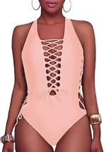 Womens Criss Cross Hollow Swimsuit Solid Color V Neck Lace Up Bathing Suit Strappy Cutout Monokini Swimwear