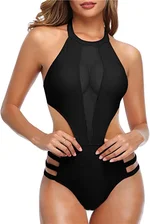 Women Mesh Cutout Swimsuits Solid Color High Neck Halter Monokini Swimwear Slim Fit Cut Out Sheer Bathing Suit