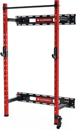 Folding Squat Rack Wall Mounted, 1100 LBS Foldable Squat Power Rack Weight Cage with Pull Up Bar, J-Cups, Landmine and Partable Space Saving Free Standing for Home Gym Garage Workout, Red