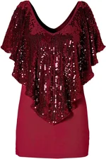 Women's Sequin Shawl Sleeve V-Neck T-Shirt Cutout Sleeve Sexy Blouse Tops Slim Fit Casual Patchwork Tee Tops