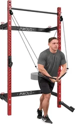 Mikolo Wall Mounted Squat Rack, Folding Power Rack with Lat Pulldown & Cable Crossover System, Power Cage with Pulley System for Home Gym