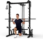EVOLPOW Squat Rack with Pulley System, Smith Bar, J-Hooks, Dip Handles, Landmine Attachment, Multi-Functional Power Cage with Optional Bench, Weight Plates for Home Gym