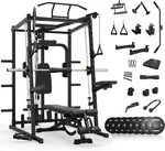 Mikolo All-in-One Smith Machine Home Gym with 230lbs Weight Plates, Power Cage with Cable Crossover, LAT Pulldown, Squat Rack & Adjustable Weight Bench
