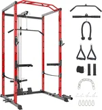 Power Cage with LAT Pulldown, Multi-Functional Power Rack with Cable Pulley System and J-Hooks, Squat Rack with Dip Bars and Landmine Attachment, Weight Cage for Home Gym Equipment