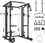 Power Cage with Smithbar, 2000 Lbs Power Rack with Cable Crossover System, Multi-Functional Strength Training Squat Rack with LAT Pull Down System, Weight Cage Home Gym Equipment
