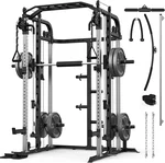 Smith Machine with 140 Lbs Cast Iron Weight Plates Home Gym, Squat Rack with LAT Pull Down System, Power Cage with Smith Bar, Black