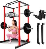 Power Cage Squat Rack - Heavy Duty Multi-Function Adjustable Rack with Safety Bars & J Hooks for Home Gym Strength Training (Red, 1200 LBS)