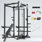 X9 Power Cage with Adjustable Bench/Olympic Barbell/Cable Crossover/Smith Machine System, 3500LB Squat Rack for Home & Garage Gym, with Weight Storage Rack and Training Attachments