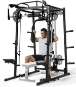 Smith Machine Home Gym, Squat Rack with LAT Pull Down Chest Station for Strength Training, 2000LBS Capacity Multi-Function Workout Weight Power Cage with Attachments, Black