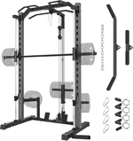 OPPSDECOR Smith Machine Power Rack for Home Gym - All-in-One Power Cage Squat Rack with LAT Pulldown, Cable Machine & Barbell Bar - Multi-Functional Strength Training Equipment