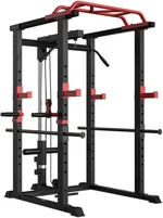 Multi-Functional Power Cage, Home Adjustable Pullup Squat Rack 1000Lbs Capacity Comprehensive Fitness Barbell Rack, Black+Red