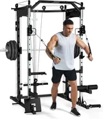 Smith Machine for Home Gym, 2200 Lbs Squat Rack Power Cage with LAT Pull-Down System/Dual Pulley System, Multi-Functional Power Rack with Leg Holder and More Attachments, Black