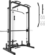 Compact Smith Machine Home Gym - 800lb Barbell Sleeve, Space-Saving Power Cage with LAT Pulldown, Power Rack 5-in-1, 1500lb Capacity for Garage & Small Spaces, P70