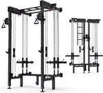 Folding Squat Rack, Wall Mounted Power Rack with Cable Crossover Machine & LAT Pull Down Multi-Function Space-Saving Power Cage with 7 Adjustable Modes/Dual Pulley System/Pull-up Bar/360° Landmine