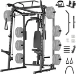 Smith Machine Home Gym, 2000 Lbs Multi-Function Power Cage Squat Rack with Smith Bar, Cable Machine, 2 LAT Pull-Down Systems, All in One Home Gym System with 8 Weight Storage Pins and More