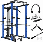 Multi-Functional Power Cage – Adjustable Pull-up Squat Rack, 1000lbs Capacity, Gym System with Barbell & Accessories, Black + Blue ( Beach Edition )
