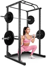 POWKOL Squat Rack Power Cage, 1200lb Capacity, 14-Hole Adjustable Height, Multi Functional Squat Rack for Home Gym With Safety Arms and J-Hooks, for Garage Gym Home Fitness Training