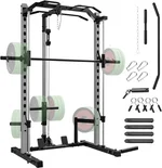 Smith Machine Squat Rack, All-in-One Power Rack Cage with LAT-Pull Down System & Cable Machine, Power Cage with Barbell Bar, Weight Storage and More Attachment