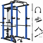 Black+Blue 1000Lbs Capacity 7ft Olympic Power Cage with Adjustable Pull-Up Squat Rack & Gym Accessories