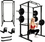 1200LB Multi-funtional Adjustable Power Cage, Squat Rack with Hole Pull-Up Bar, Squat Rack for Home Gym, Strength Training Squat Stand with J-Hooks/Weight Plate Storage/Safety Bars, Black