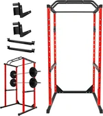 Smith Machine Power Cage, 1200 lbs Squat Rack Home Gym with Barbell Bar,Safety Spotter Arms, J Hooks,14-Hole Pull-Up Bar Power Rack for Home Gym Strength Training, Red