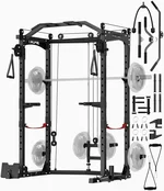 Power Cage, 1600 LBS Squat Rack for Home Gym with Dual Pulley System, Multi-Functional Power Rack with Adjustable Cable Crossover System and More, Workout Cage for Garage & Home Fitness, Red