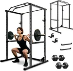 Power Cage Squat Rack with 1200lbs Capacity, 14 Adjustable Holes Power Rack, Adjustable Safety Bars Squat Rack, Multi-Functional Gym Equipment for Home, Full Body Workout
