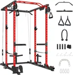 Power Cage,2000 LBS Power Rack, Cable Cross-Over System, Multi-Functional Strength Training Squat Rack, LAT Pull Down System, Home Gym Equipment with 23 Attachments, Red