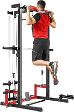 Soozier Power Cage Smith Machine, Multi-Function Power Rack with Pull Up Bar, LAT Pull Down System, Squat Rack, Barbell Bar, Landmine Attachment, Plate Storage Posts for Home Gym