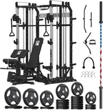 SmithMachine Power Cage, All-in-One Home Gym Squat Rack with Barbell, LAT-Pull Down & Cable Crossover System, Multi-Function Cage Training Equipment with Leg Hold-Down Attachment for Home Gym