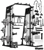 Smith Machine, Power Cage Squat Rack with Cable Crossover, Dual Pulley System, Pull-Up Bar, Home Gym Workout Equipment with Attachments for Strength Training and Weightlifting