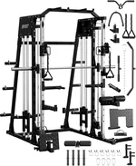 Smith Machine Home Gym, 2200 Lbs Multifunctional Power Cage Squat Rack with Cable Crossover System & Dual Pulley System, All in One Home Gym Equipment Four Strength Training, Black