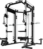 Smith Machine, 2000LBS Power Cage with Cable Crossover System, All in One Home Gym Workout Station with Smith Bar LAT Pull-Down Cable Crossover System and More Attachments