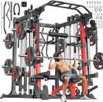 Multi-Purpose Squat Rack,Smith Machine Weight Rack Set with Cable Crossover System, Home Gym Power Racks, Power Racks and Packages (L05, Power cage Red+Bench+Cast lron 308LBS)