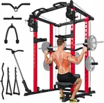Power Squat Rack Cage, 2000lbs Weight Cable Machine with LAT Pulldown for Home Gym, All in One Strength Training Power Cages with Pulley Workout System, Garage Bench Press & Squat Rack Gym Equipment